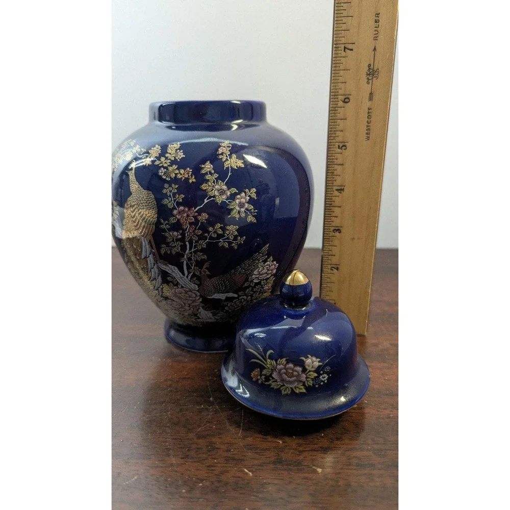 Vintage Shirakabe China Cobalt Blue Ginger Jar Pheasant Gold Gilt Made in Japan